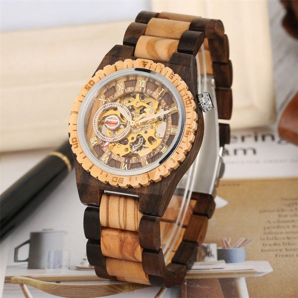 

watches luxury men's automatic mechanical wooden roman numerals display wood bangle wristwatch creative male timepiece reloj, Slivery;brown
