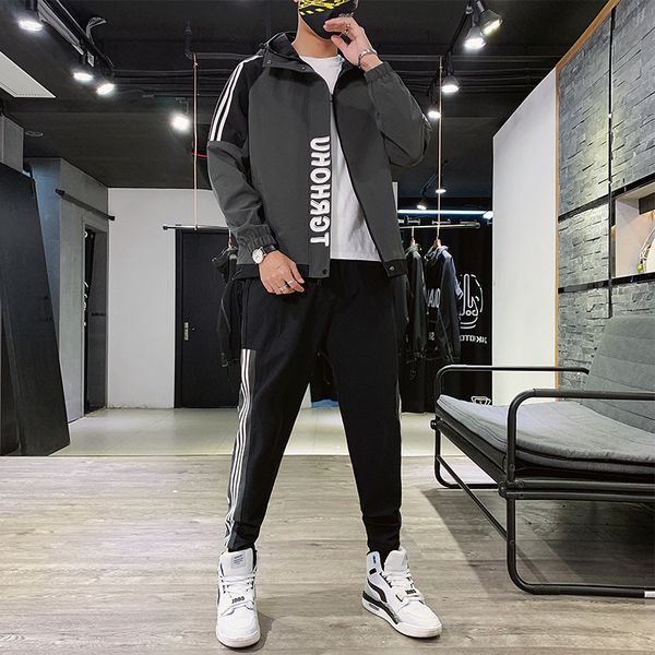 

2021 men's hooded sweater leisure suit spring and autumn youth coat trend splicing, Black