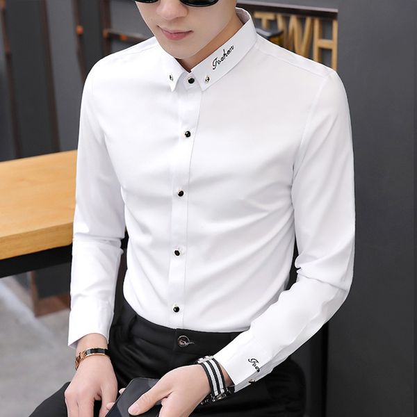

2021 Spring Long Sleeve Shirt Men's solid color non iron business men's inch shirt Korean casual coat white, White;black