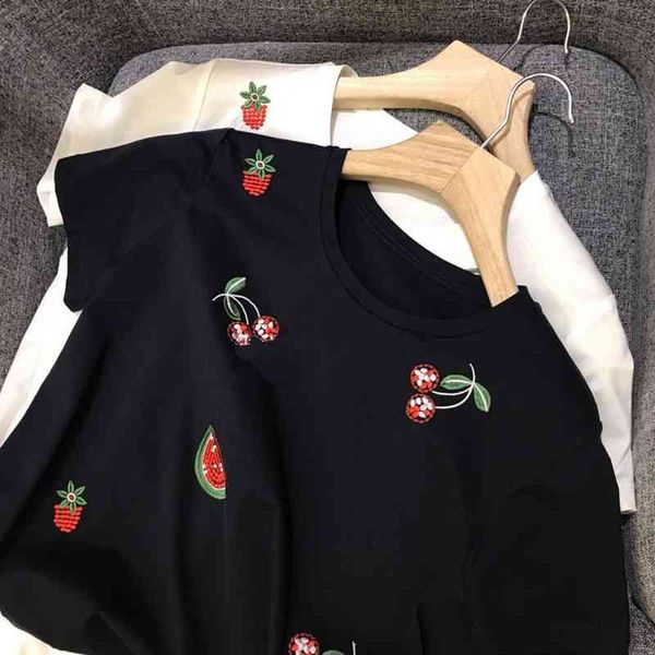 

chic embroidery decoration woman tshirts summer simple o-neck tees age-reducing all match short sleeve ropa mujer 210514, White
