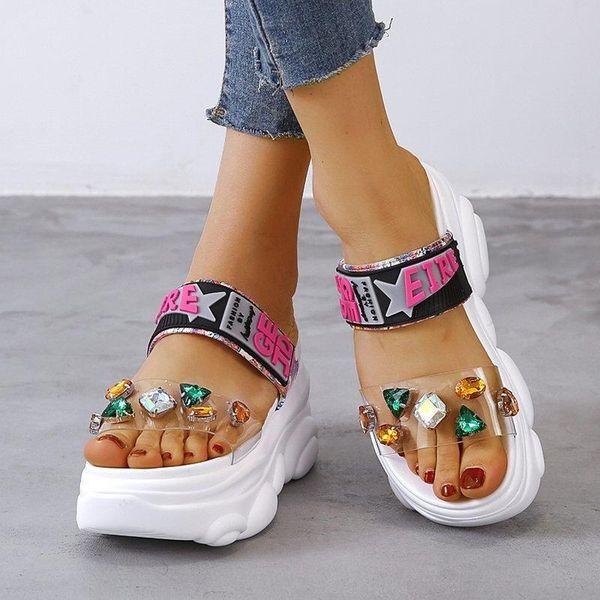 

slippers women's fashion rhinestone wedges platform sandals, Black