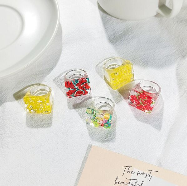 

bohemia fashion transparent resin fruit square ring acrylic rings for female party wholesale, Golden;silver