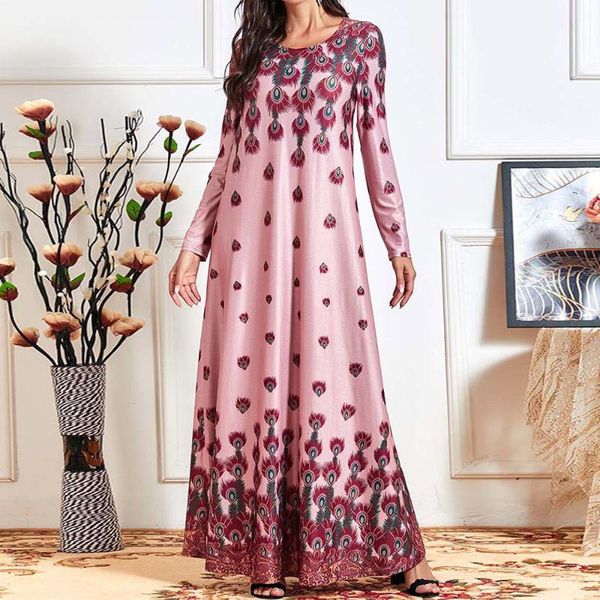 

casual dresses muslim dress fashion comfortable printing folds spring autumn simplicity floral pink round neck long sleeve woman's, Black;gray