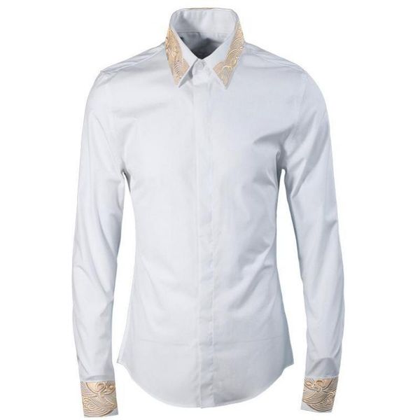 

men's casual shirts mens luxury collar embroidered dress plus size 4xl hand-painted fashion long sleeve cotton man, White;black