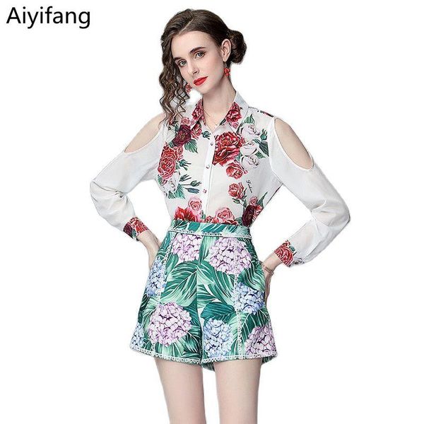 

women's tracksuits summer runway women floral flower print suits off shoulder chiffon shirt white + hydrangea shorts 2 piece set, Gray