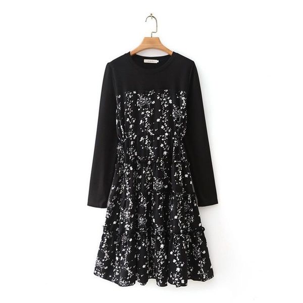 

plus size dresses xl-5xl women's long sleeved autumn dress false two pieces floral printed vintage vestidos, Black