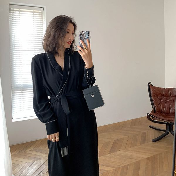 

2021shiny vintage black chiffon sashes wrap dress ladies long sleeve elegant party dresses 2021 spring autumn women clothes vestidos, Black;gray