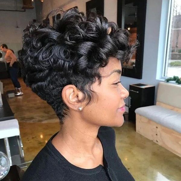 

pixie cut wig short culry human hair brazilian wigs for black women side part lace 150% remy, Black;brown