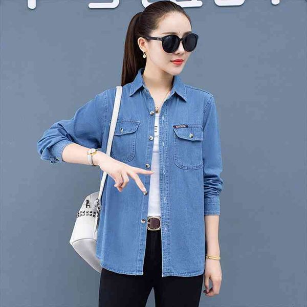 

plus size 4xl blue long sleeve denim shirt for women casual classic solid slim blouse korean style spring jean coat, White
