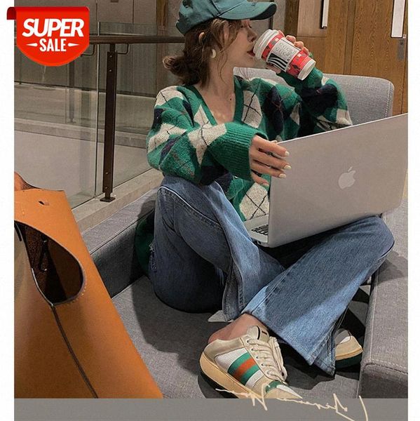 

[showing white green c and d plaid] retro plaid loose knitted cardigan jacket female v-neck #so9b
