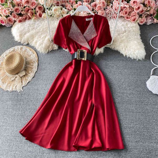 

dresses summer black/red notched collar party dress women elegant short sleeve high waist a-line slim vestidos female with belt new, Black;gray