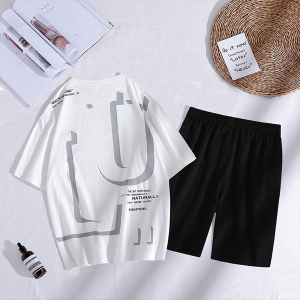 

joggers set printed two men tracksuit piece summer cotton t shirt and shorts male fashion oversize clothes, Gray