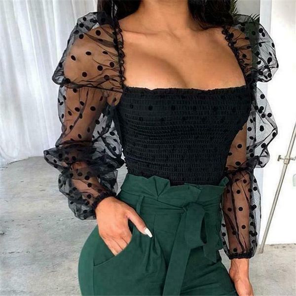 

women's t-shirt spring party clubwear women elegant square neck mesh puff long sleeve see through loose casual polka dots shirred waist, White