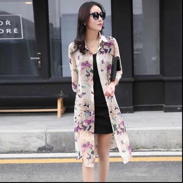 

tingyili cardigan summer flower women shirt print boho beach long korean elegant chiffon, White