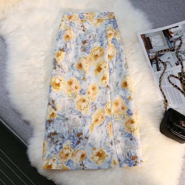 

western style large floral oil painting split skirt female 2021 summer a-line high-waisted midi skirts womens my2491, Black