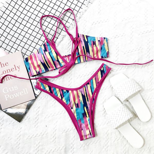

new halter bikini 2021 colorful striped print swimwear women swimsuit female two pieces bikini set bather bathing suit swimswimwear bat