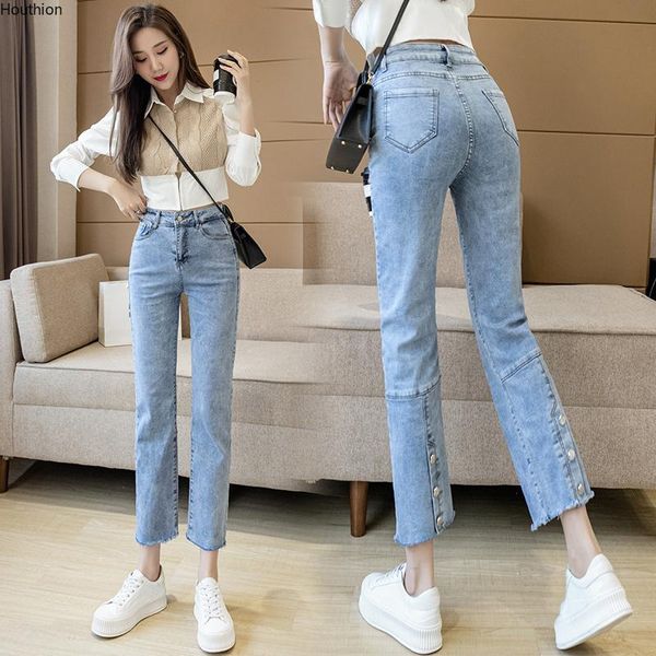

women's jeans spring/summer high waist female korean thin straight loose buttons cowboy pants, Blue