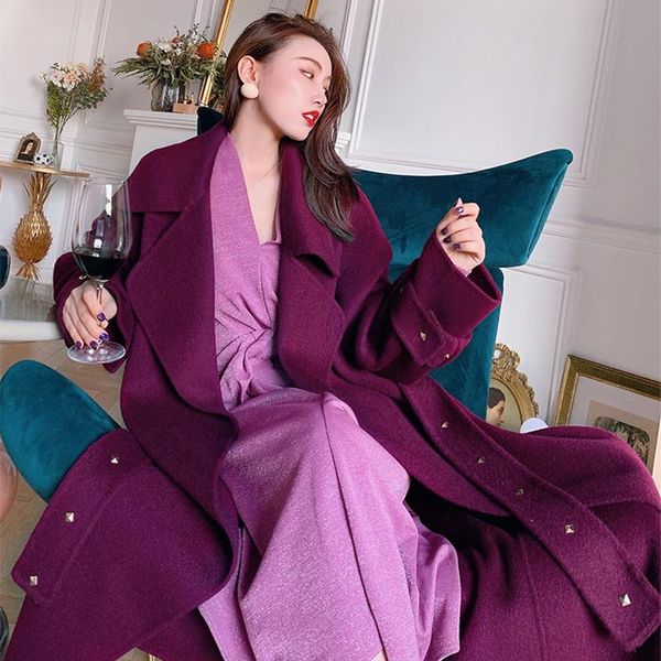 

women's wool & blends elegant double-faced woolen coat women winter purple lace-up cashmere vintage oversized loose overcoat, Black
