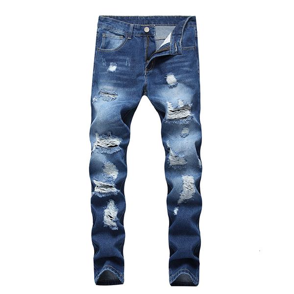 

men's jeans men casual jeans hiphop denim pants knees holes ripped distressed bleached scratched fashionable high qulaity shi, Blue