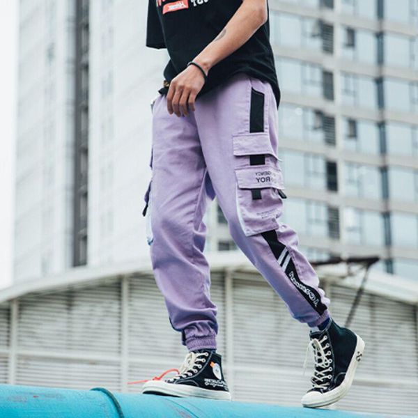 

men's pants harajuku cargo streetwear men casual elastic waist joggers trousers 2021 colorblock hip hop harem, Black