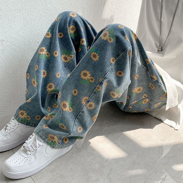 

2011plus size loose sunflower printed jeans women loose blue wide leg denim pants hip hop high waist flower pattern joggers harajuku