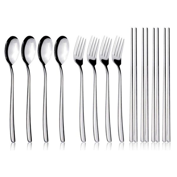 

spoon fork chopstick,flatware silverware cutlery, stainless steel tableware, long handle kitchen dinnerware(4 pairs) dinnerware sets
