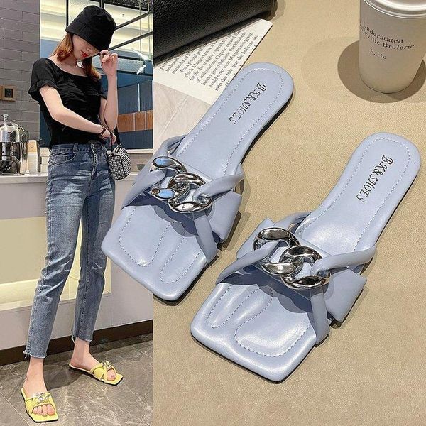 

shoes womens slippers outdoor pantofle low luxury slides square toe rivet flat 2021 summer designer pu rubber rome hoof heels fa, Black
