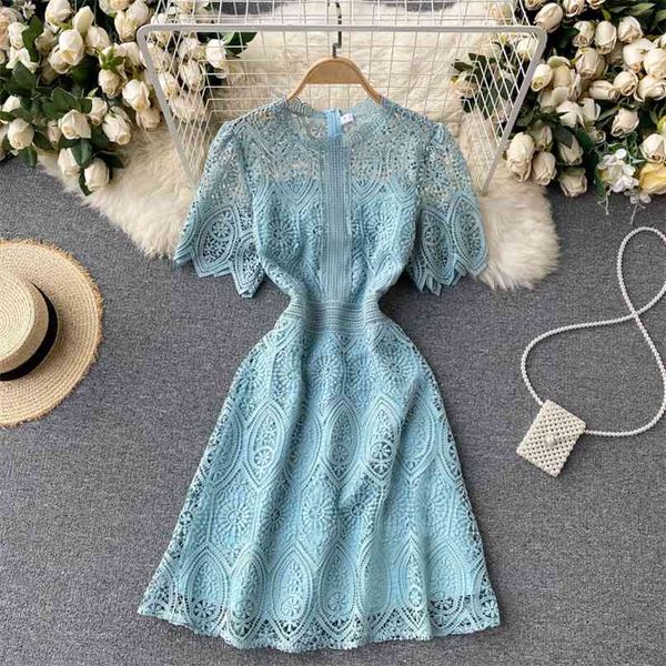 

women's fashion round neck hollow short sleeve slim lace sweet a-line dress summer solid color elegant vestidos s328 210527, Black;gray