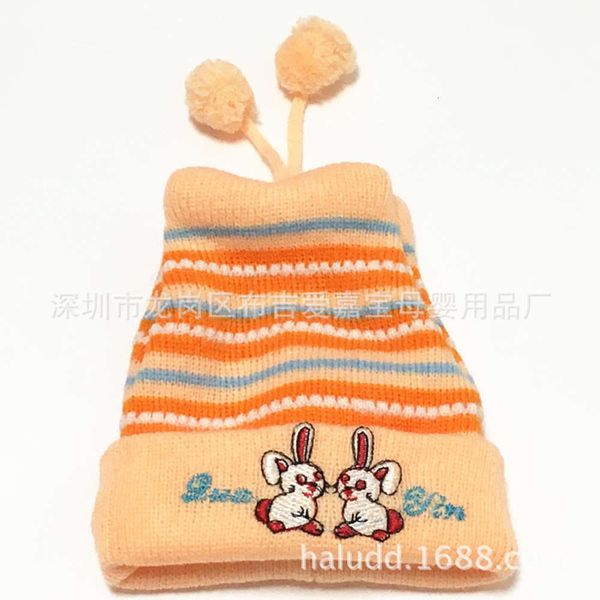 

baby red full moon cap baby winter wool double ball cap embroidered rabbit horizontal hat, Yellow