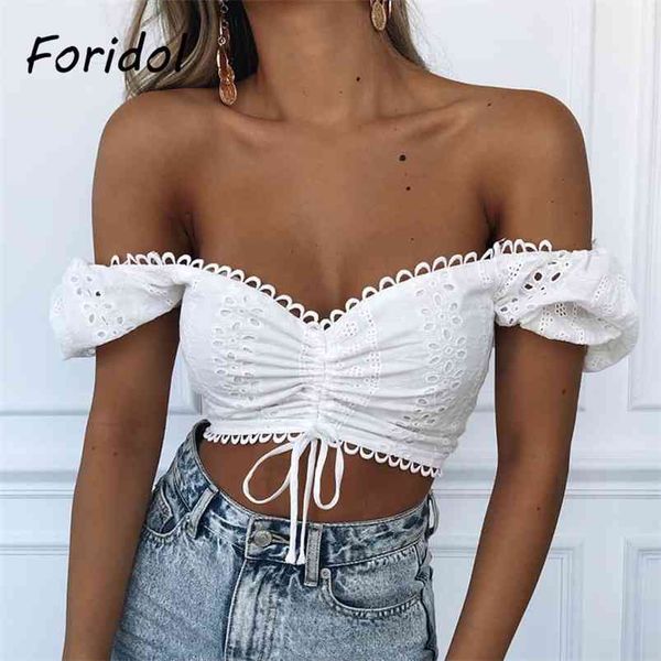 

white lace embriodery cotton blouse puff sleeve up ruched crop hollow out cute summer 210427