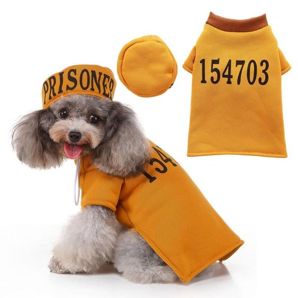

dog apparel pet halloween cosplay costume funny prisoner's garb with numbers set 2-legged coat and hat for dogs, yellow