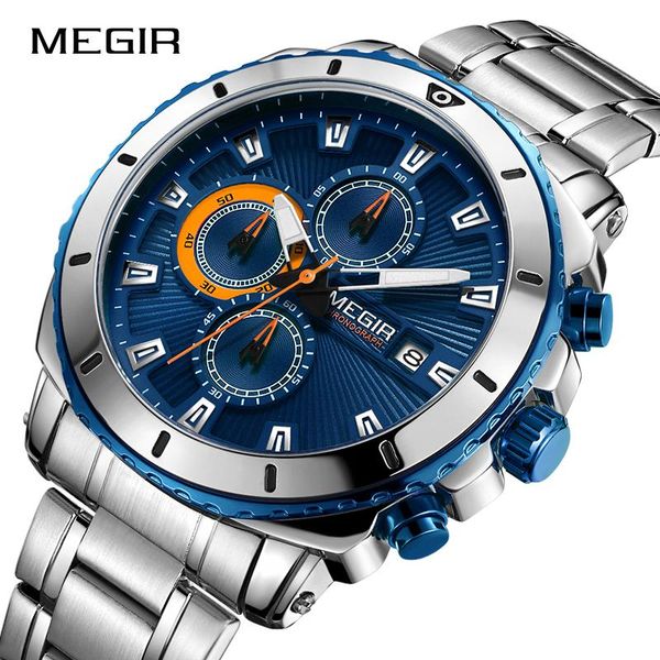 

wristwatches 2021 megir men's blue dial chronograph quartz watches fashion stainless steel analogue for man luminous hands, Slivery;brown