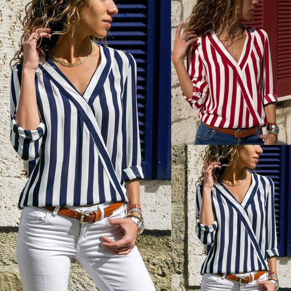 

women long sleeve collar stripe v neck button shirt ladies casual blouse women's blouses & shirts, White