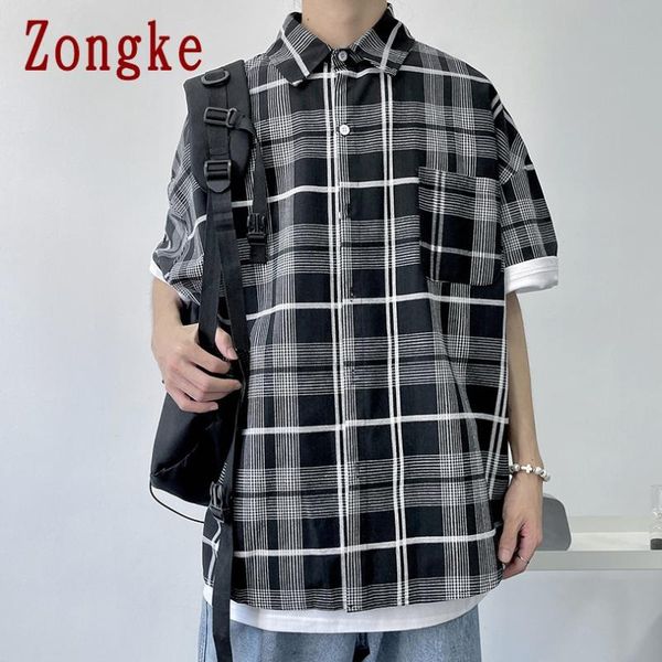 

men's casual shirts zongke plaid for men clothing short sleeve harajuku shirt fasion -2xl 2021 arrivals, White;black