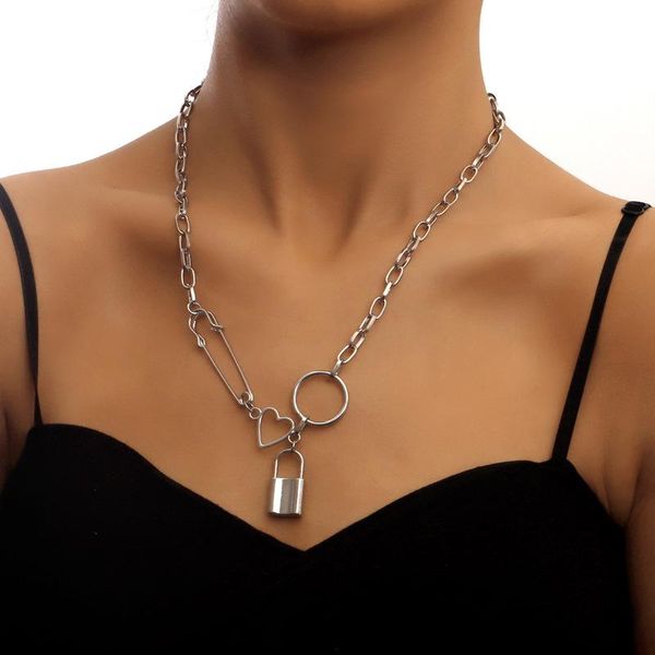 

chokers vintage boho metal choker heart lock pendant chain necklace for women hip hop silver color collar party fashion jewelry gift, Golden;silver