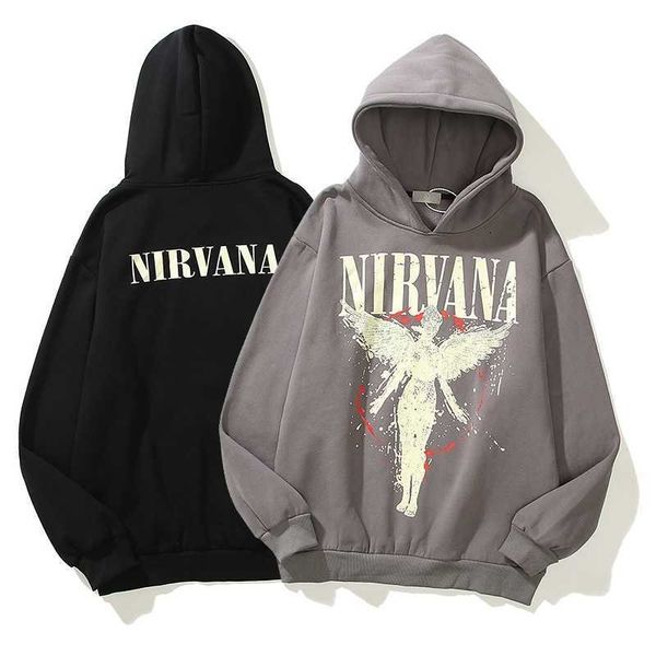 

high street trend rock nirvana angel print hooded sweater dark hip hop loose men's sweater, Black