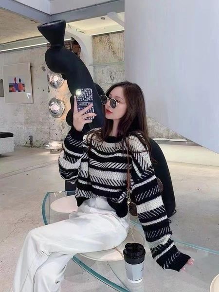 

women's sweaters autumn and winter clothing outer wear loose-fitting striped long sleeves wool, White;black