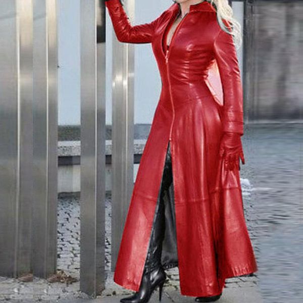

women's leather & faux cysincos autumn long trench coat for women 2021 sleeve deep v neck zipper plus size jackets, Black