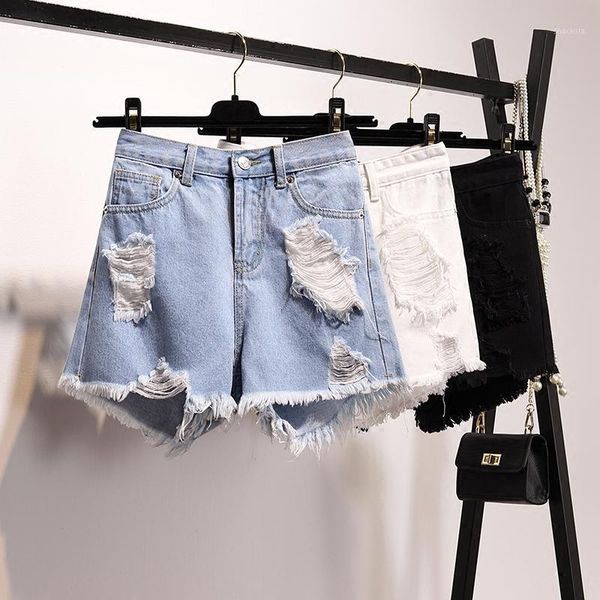 

fashion tassels holes high waist loose denim shorts women summer 2021 plus size 3colors women's, White;black