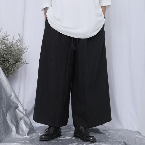 

men's yamamoto style black nine point wide leg pants cotton and linen loose casual versatile skirt