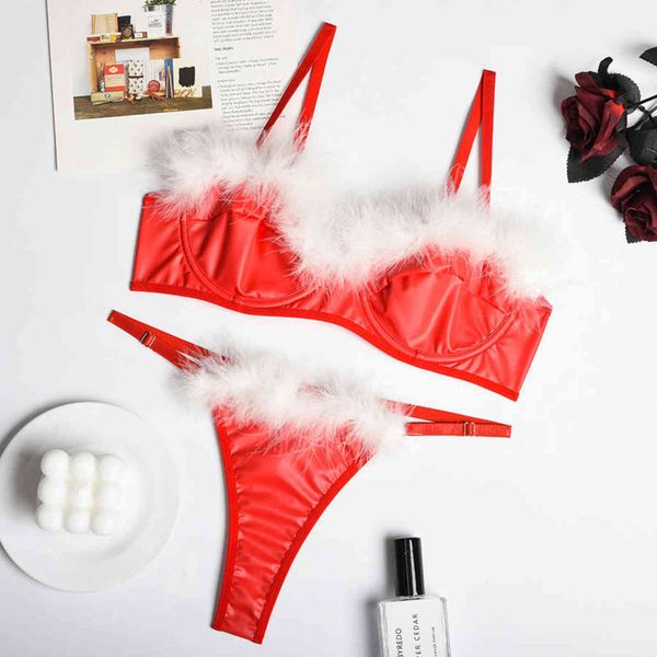 

nxy set christmas gift real feather underwear red sensual lingerie woman sets erotic bra underwire bralet push up leather intimate 1127, Red;black