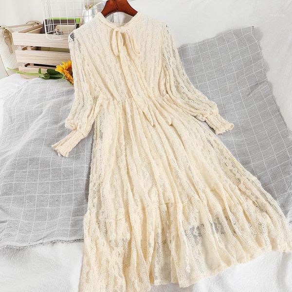 

aibeautyer v-neck pleated mesh gauze tulle ruffles lace flower dress vintage a-line elastic slim bandage strap button midi casual dresses, Black;gray