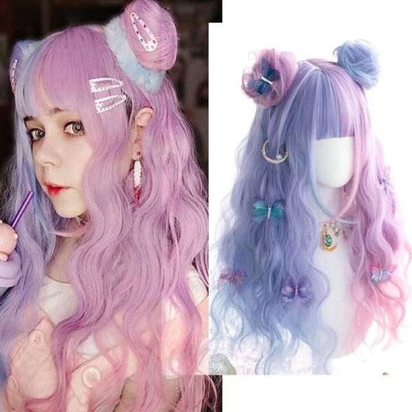 

synthetic wigs houyan long curly pink and blue bangs clip small hair bun wig female cosplay high temperature resistant, Black