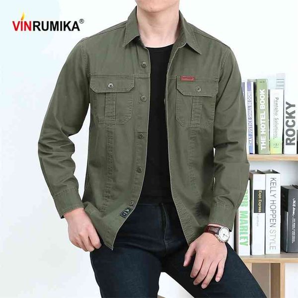 Grande Tamanho M-6XL Europe Homens Primavera Militar Marca Casual 100% Algodão Preto Azul Azul Longa Manga Camisa Outono Homem Exército Verde Camisas 210721