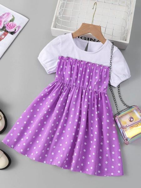 

toddler girls polka dot frill trim puff sleeve 2 in 1 dress she, Red;yellow