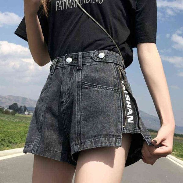 

summer cotton loose slim denim women shorts jeans letter zipper female style wide leg high waist short pants 211129, Blue