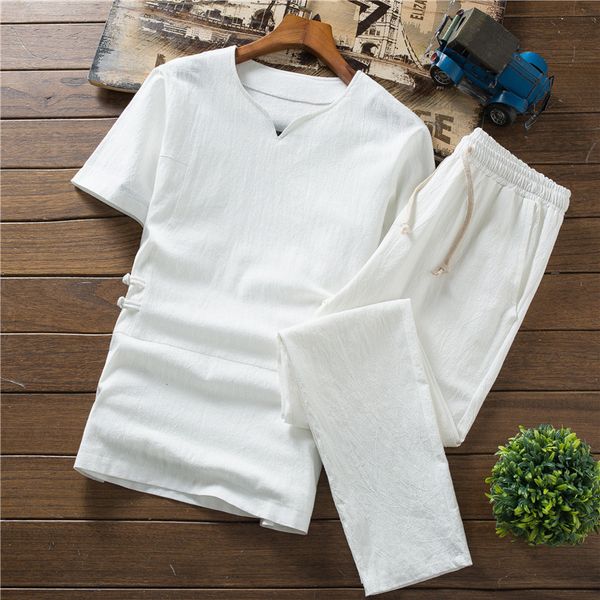 

men's tracksuits two pieces t shirts + l pants summer brand tshirt men light breathable casual beach set -5xl linen t-shirt suit male, Gray