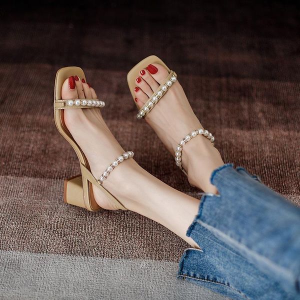 

sandals open toe buckle strap retro woman shoes beige heeled peep original black girls block comfort high low pearl fabric scand