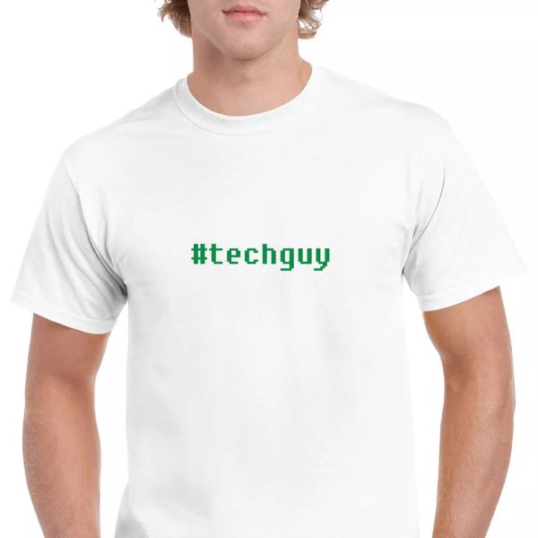 

tech guy #techguy retro computer font white green solid cotton t-shirt s-5xl, White;black