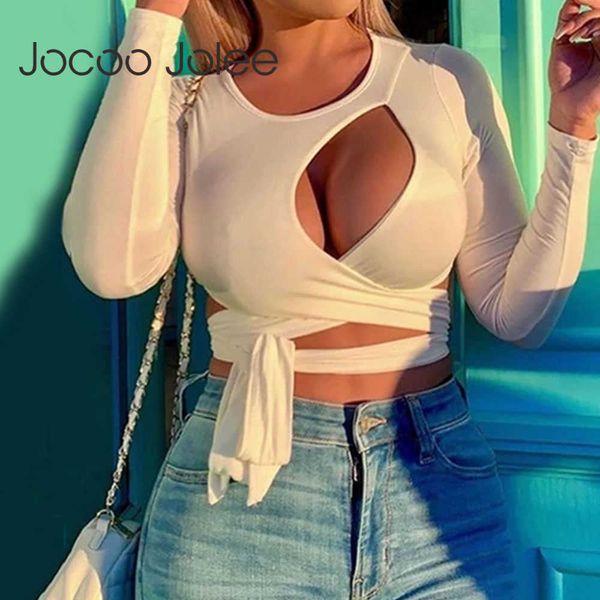 Jocoo Jolee Donna Primavera Manica lunga Sexy Scava Fuori T Shirt Elegante O Collo Lace Up Bow Cropped Top Casual Skinny Tee Shirts 210619